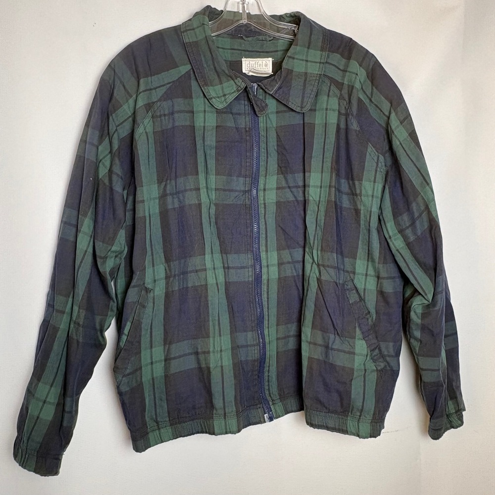 Vintage Duffel Sportswear Plaid Full Zip Bomber Jacket Green‎ Navy XL Zip Front